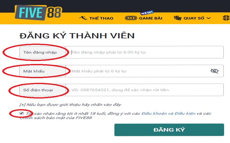Đăng nhập five88 cần nhập đầy đủ các thông tin nào
